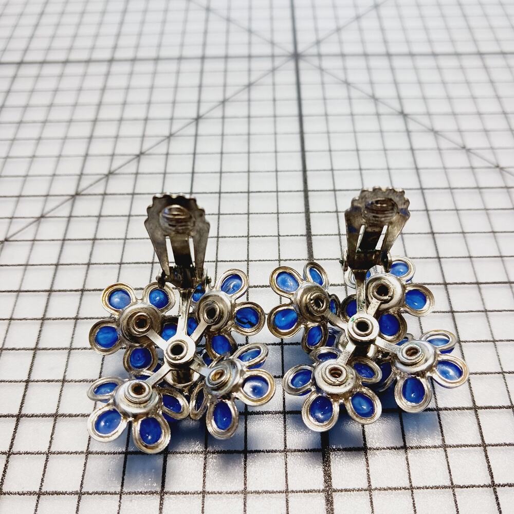 Earrings Clip VTG Coro Blue Thermoset Flower Cluster Rhinestone Silver Tone - Picture 3 of 4